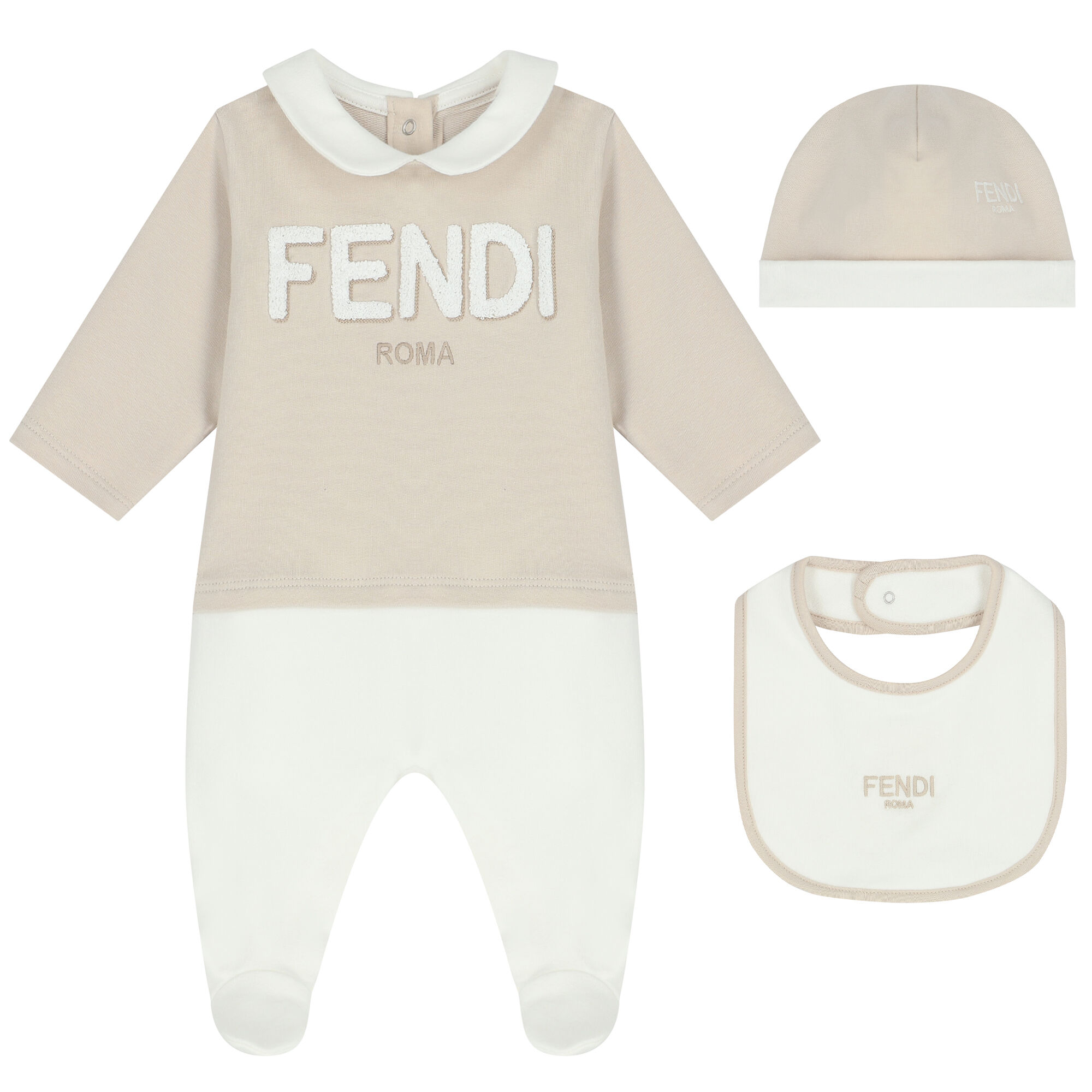 Fendi Ivory Beige Logo Babygrow Set Junior Couture KSA