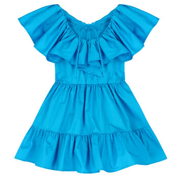 Girls Blue Ruffle Logo Dress