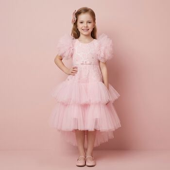 Girls Roshelle Pink Floral Applique Tulle Dress