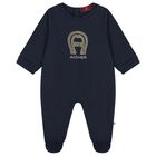 Baby Boys Navy Blue & Gold Logo Babygrow, 3, hi-res