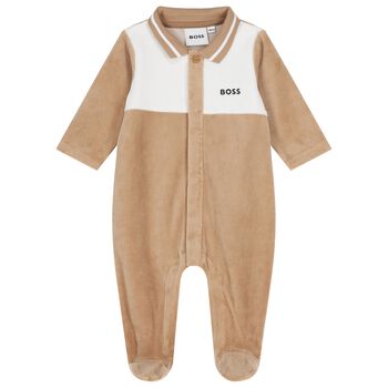 Baby Boys Beige & White Logo Babygrow