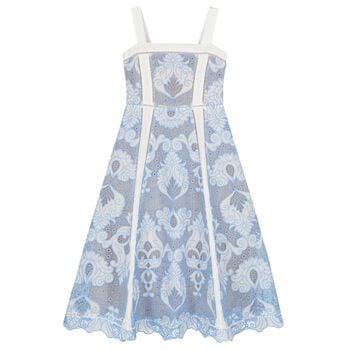 Girls White & Blue Embroidery Maxi Dress