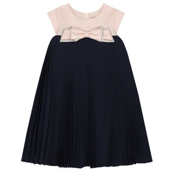 Girls Pink & Navy Pleated Dress