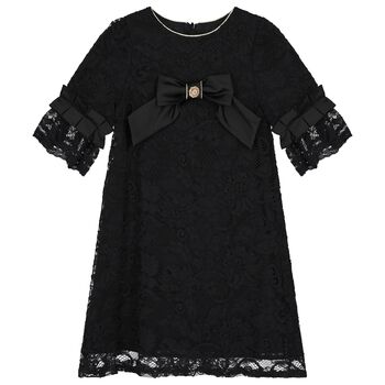 Girls Black Lace & Satin Bow Dress