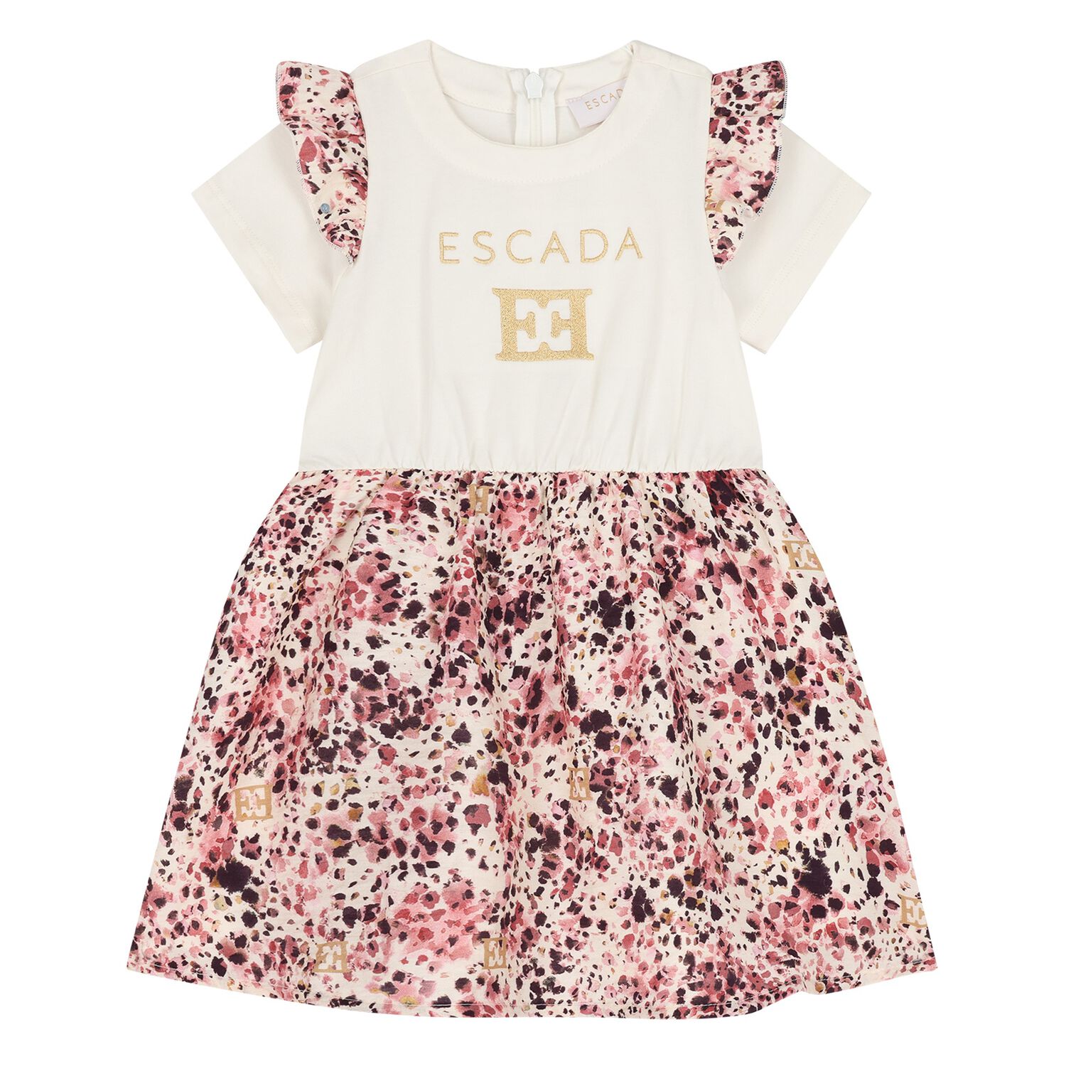 Younger Girls Ivory & Pink Logo Ruffled Dress, 1, hi-res