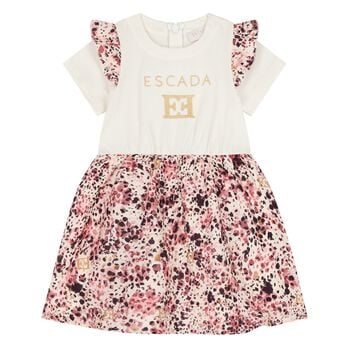 Younger Girls Ivory & Pink Logo Ruffled Dress