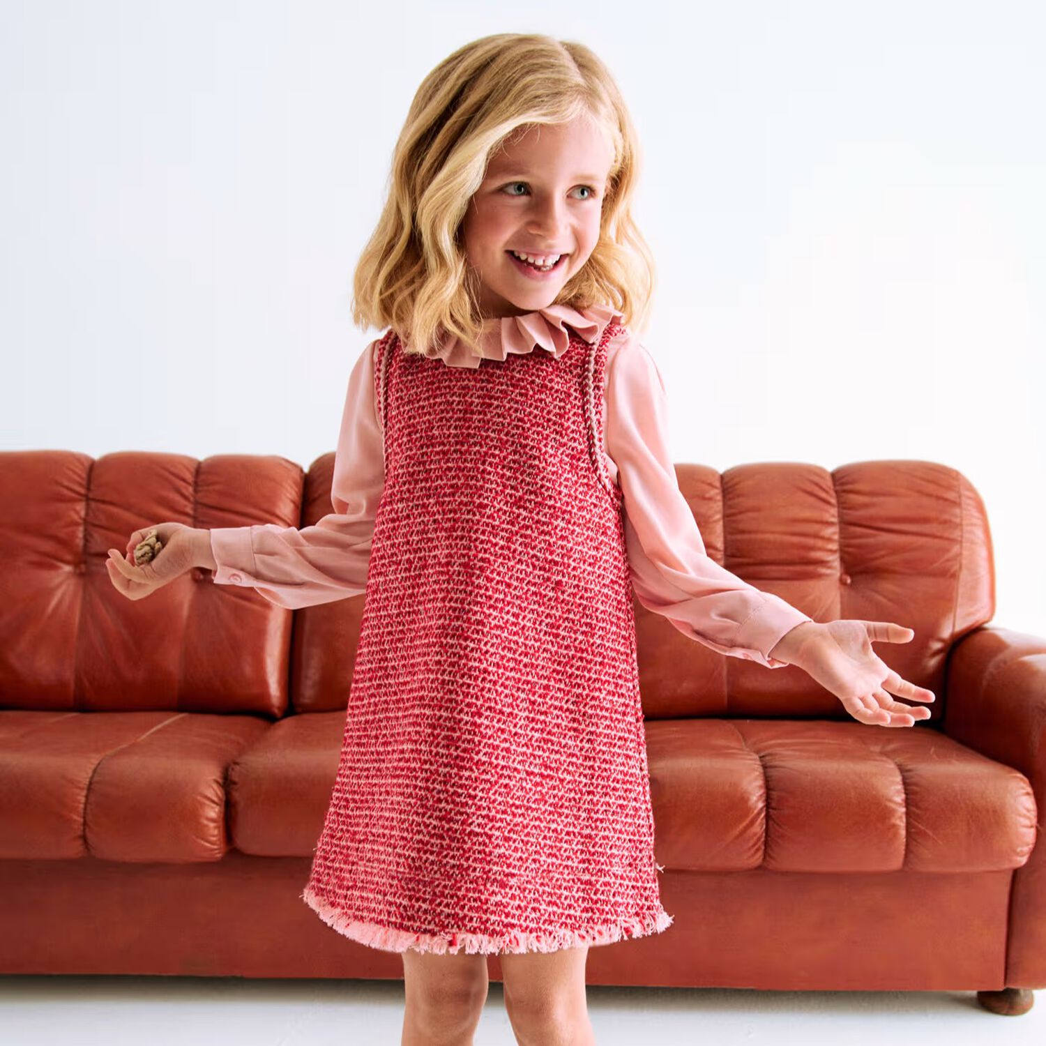 Girls Red Tweed & Pink Crêpe Chiffon Dress, 1, hi-res