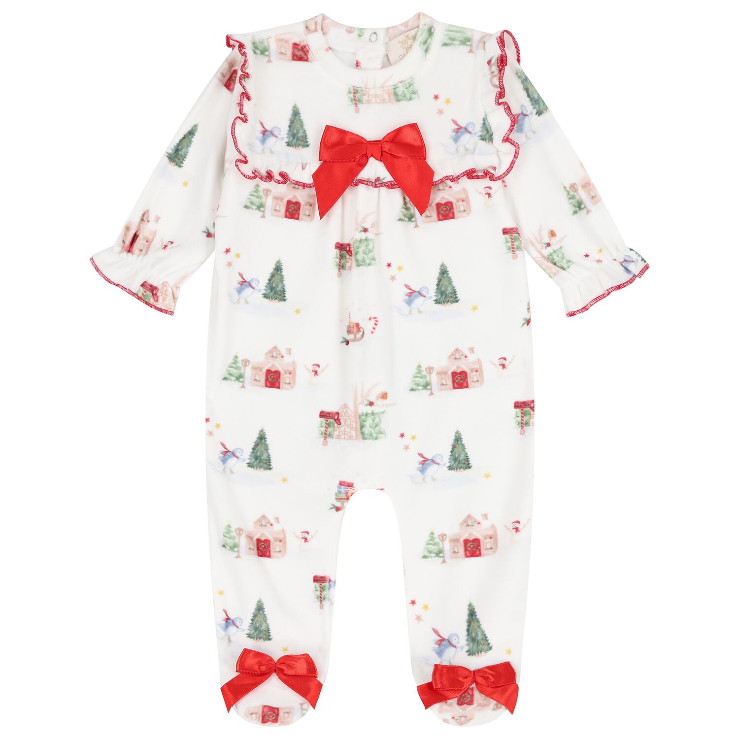 Baby Girls Ivory & Red Satin Bow Christmas Babygrow , 1, hi-res
