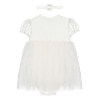 طقم فستان بودي سوت  ورابطة رأس  باللون الأبيض للبنات