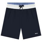Boys Navy Blue Logo Shorts, 1, hi-res