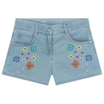 Girls Denim Blue Embroidered Flower Shorts