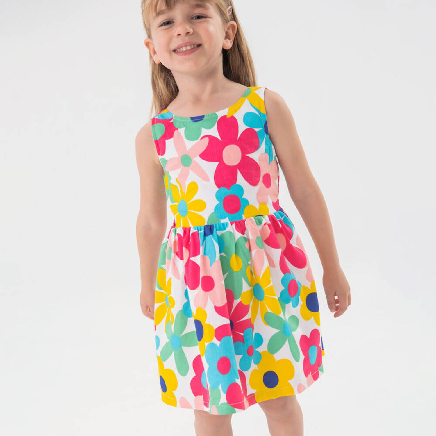 فستان  بطبعة الوهور باللون الأبيض للبنات, 1, hi-res