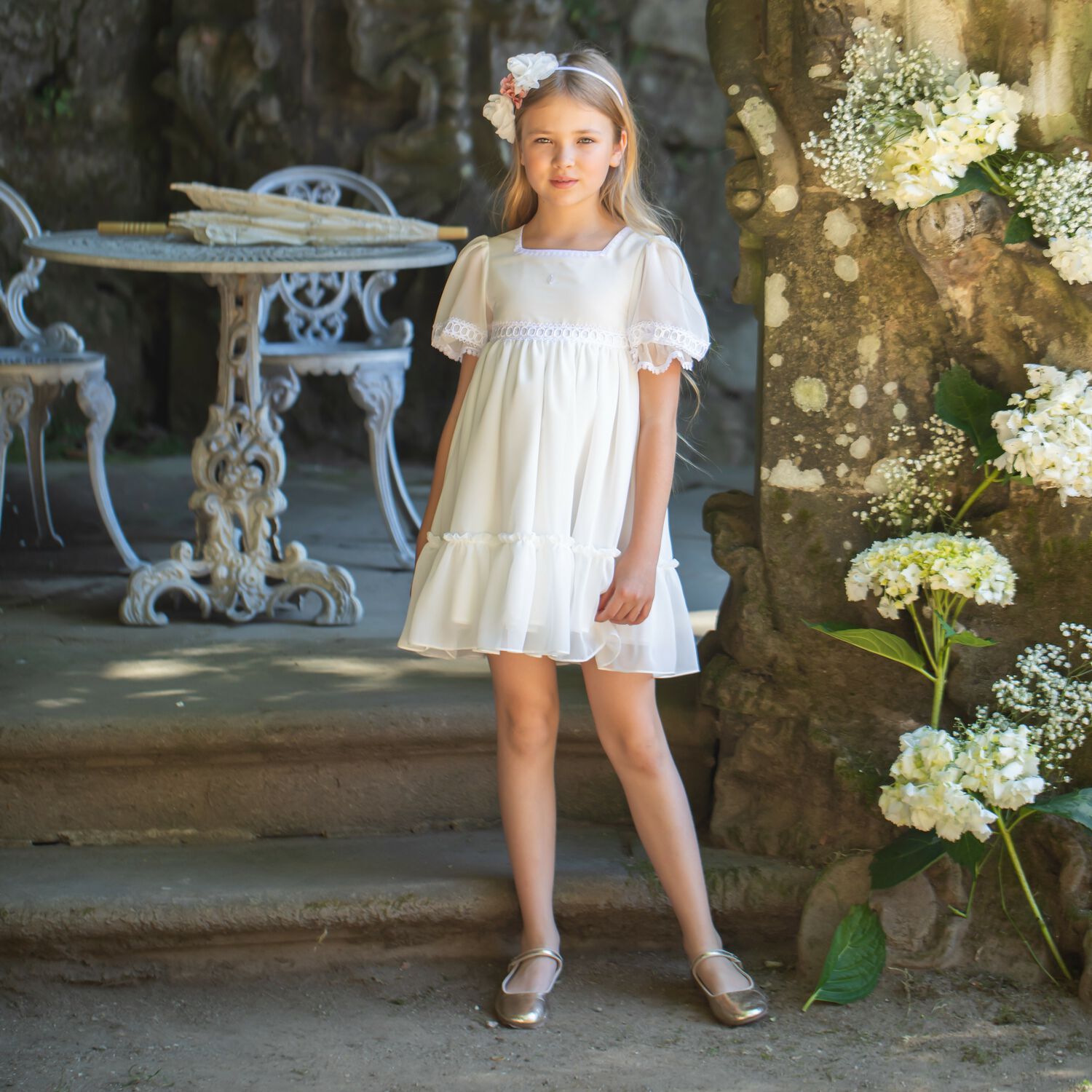 Girls Ivory Chiffon Dress, 1, hi-res image number null