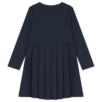 Girls Navy Blue Logo Pleated Dress