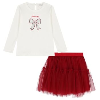 Girls White & Red Tulle Skirt Set