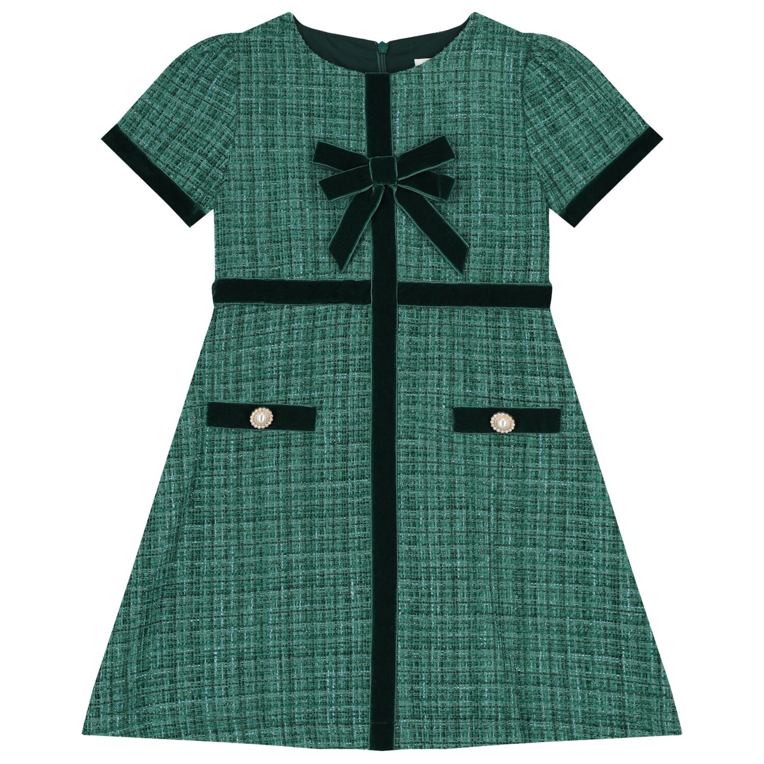 Patachou Girls Green Tweed & Velvet Bow Dress | Junior Couture USA