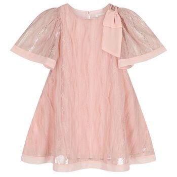 Girls Pink Lace & Chiffon Bow Dress