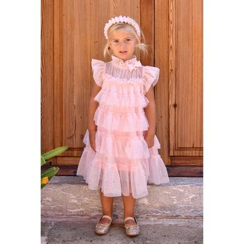 Girls Pink Embellished Tiered Tulle Dress