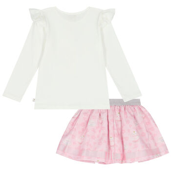 Girls Ivory & Pink Embellished Skirt Set