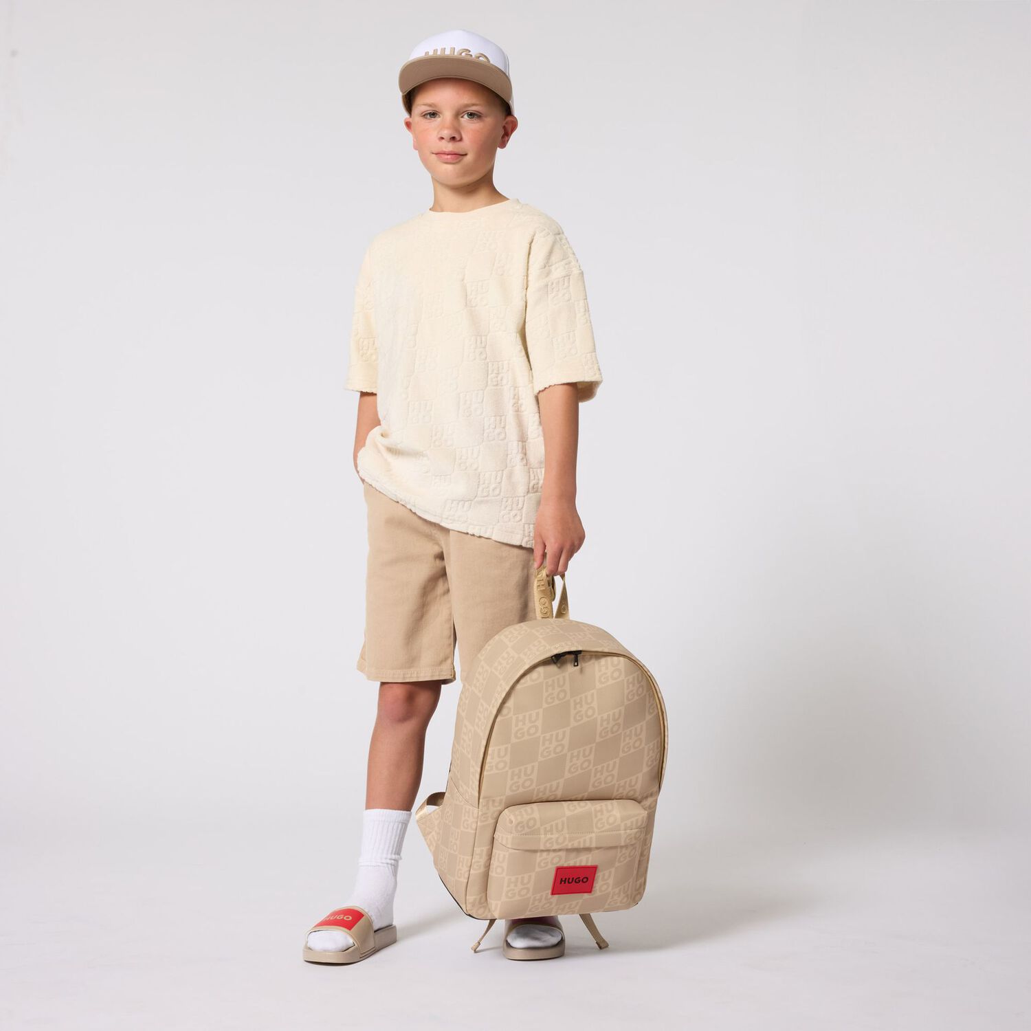 Boys Beige Logo Backpack, 1, hi-res
