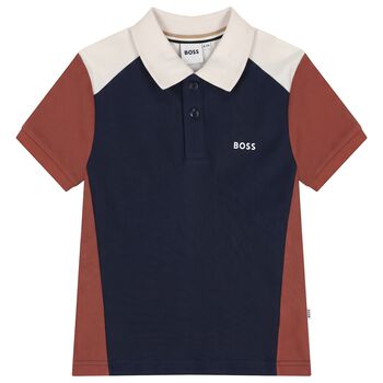 Boys Navy Blue, Orange & Ivory Logo Polo Shirt