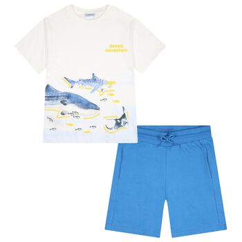 Boys White & Blue Shark Shorts Set