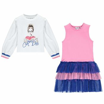 Girls White, Pink & Blue Logo Dress Set