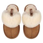 Younger Girls Chestnut Brown Funkette Suede Slippers, 1, hi-res