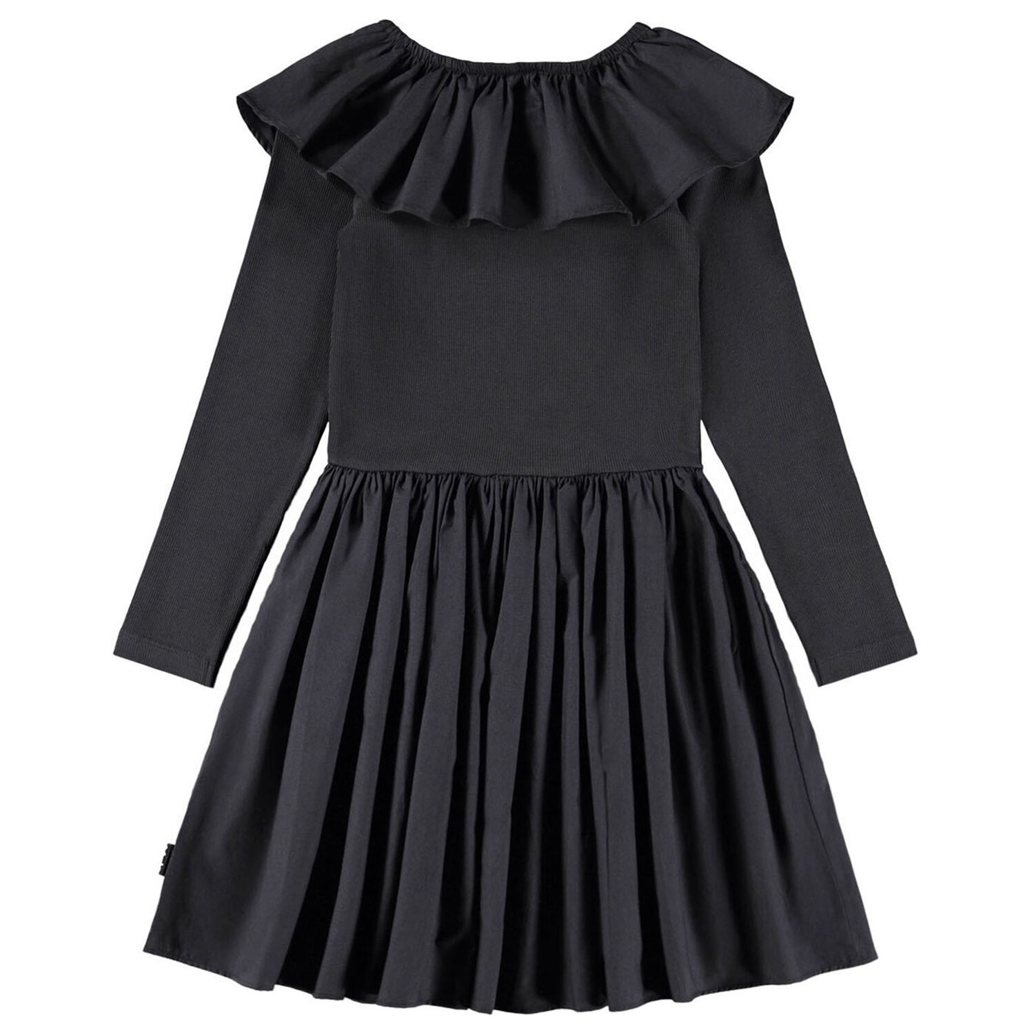 Girls Black Ruffled Long Sleeve Dress, 2, hi-res