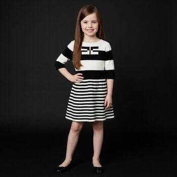Girls White & Black Knitted Striped Dress