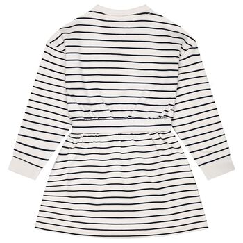 Girls Ivory & Navy Blue Striped Logo Dress