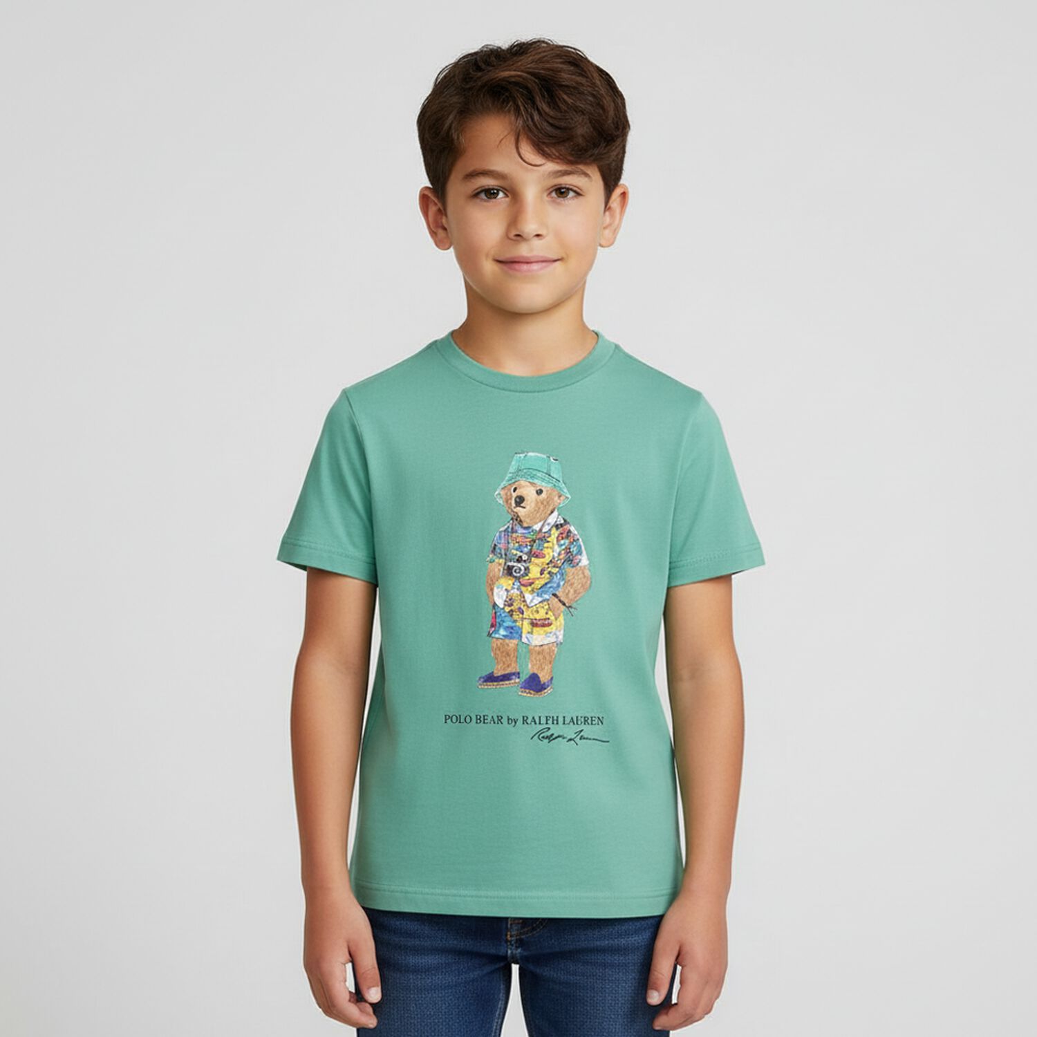 Boys Green Polo Bear Crew Neck T-Shirt, 1, hi-res