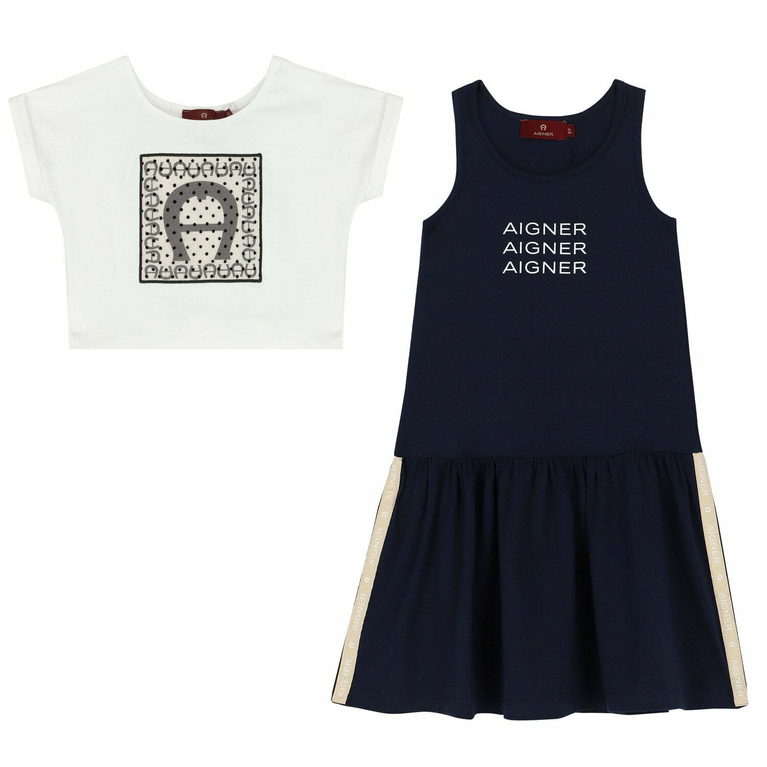 Girls Navy Blue & Ivory Logo Dress Set, 1, hi-res