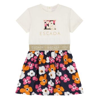 Younger Girls Ivory & Navy Blue Logo Floral Dress