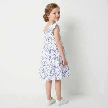 Girls White & Blue Flower Dress