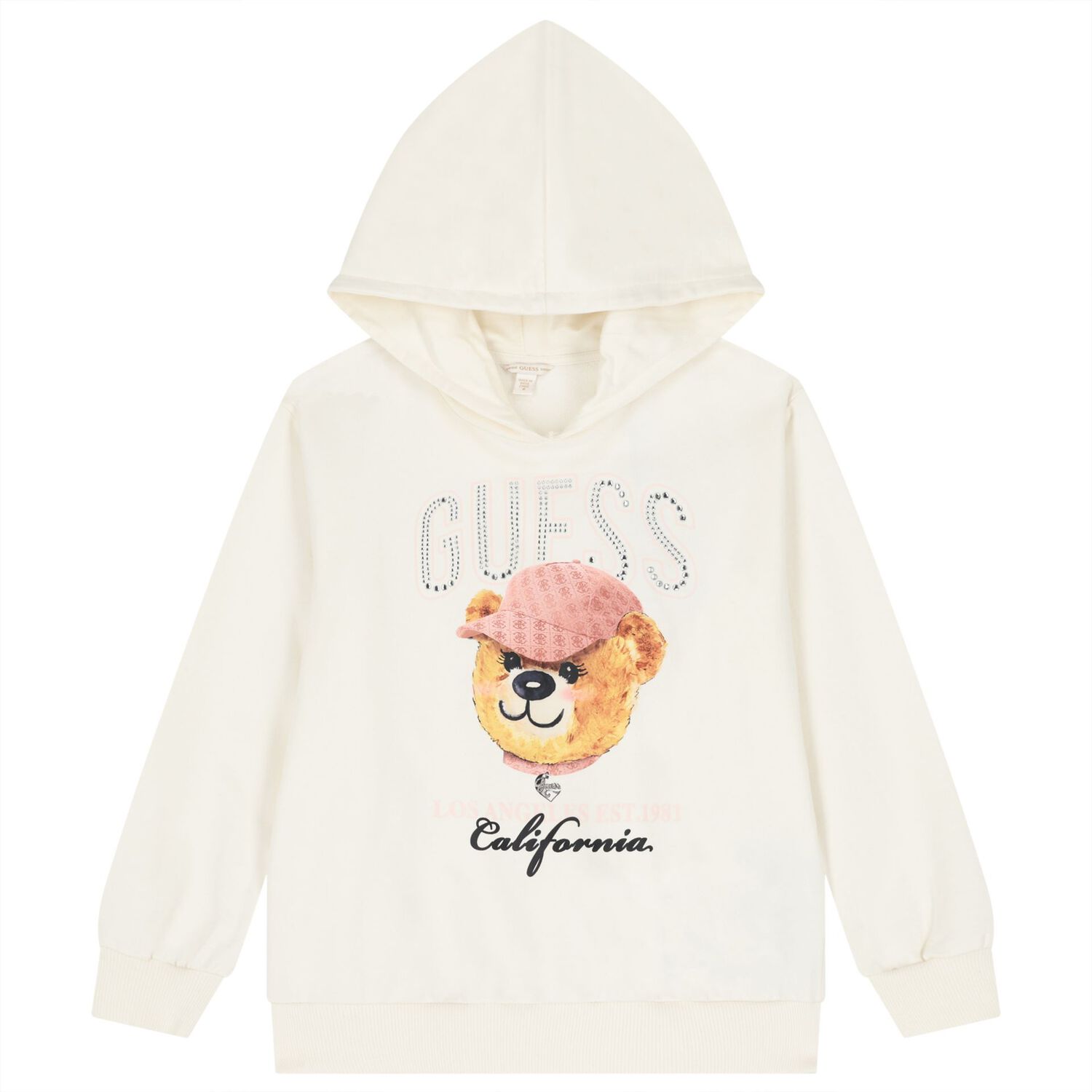 Girls Ivory Teddy Bear Logo Hooded Top, 1, hi-res