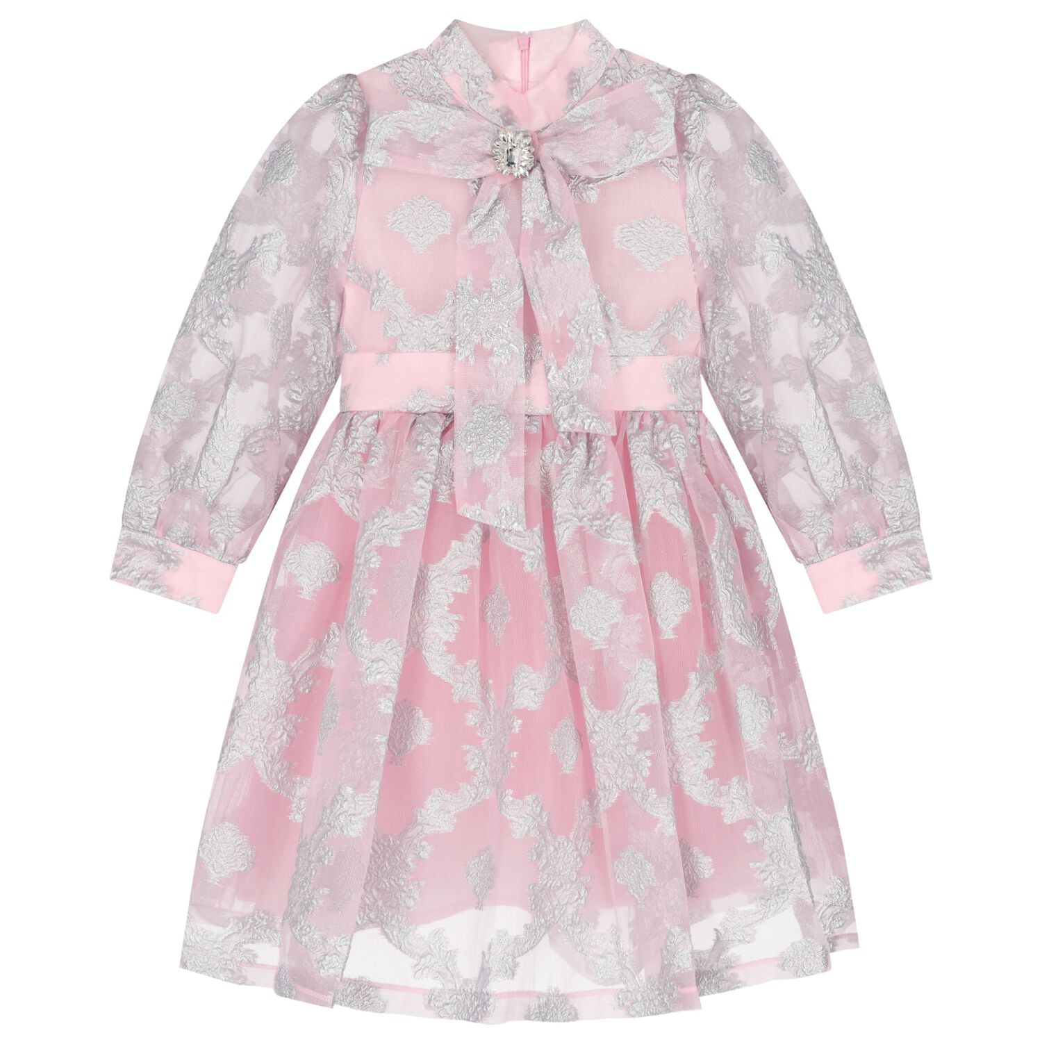 Girls Pink & Silver Jacquard Floral Dress, 1, hi-res