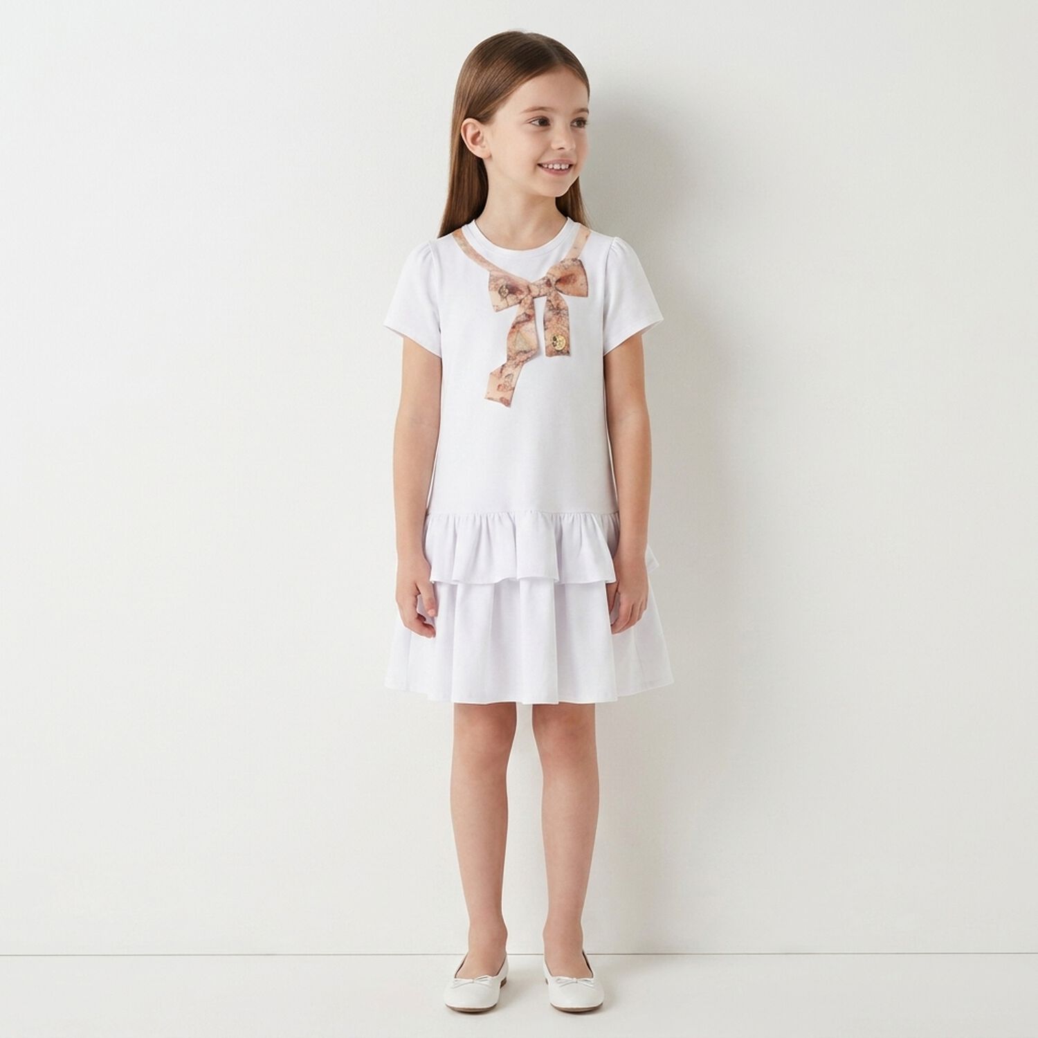 Girls White & Beige Bow Logo Dress, 2, hi-res