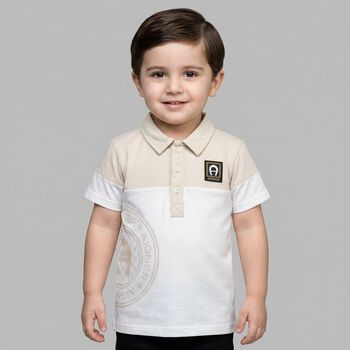 Younger Boys White & Beige Logo Polo Shirt