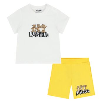 Younger White & Yellow Teddy Bear Shorts Set