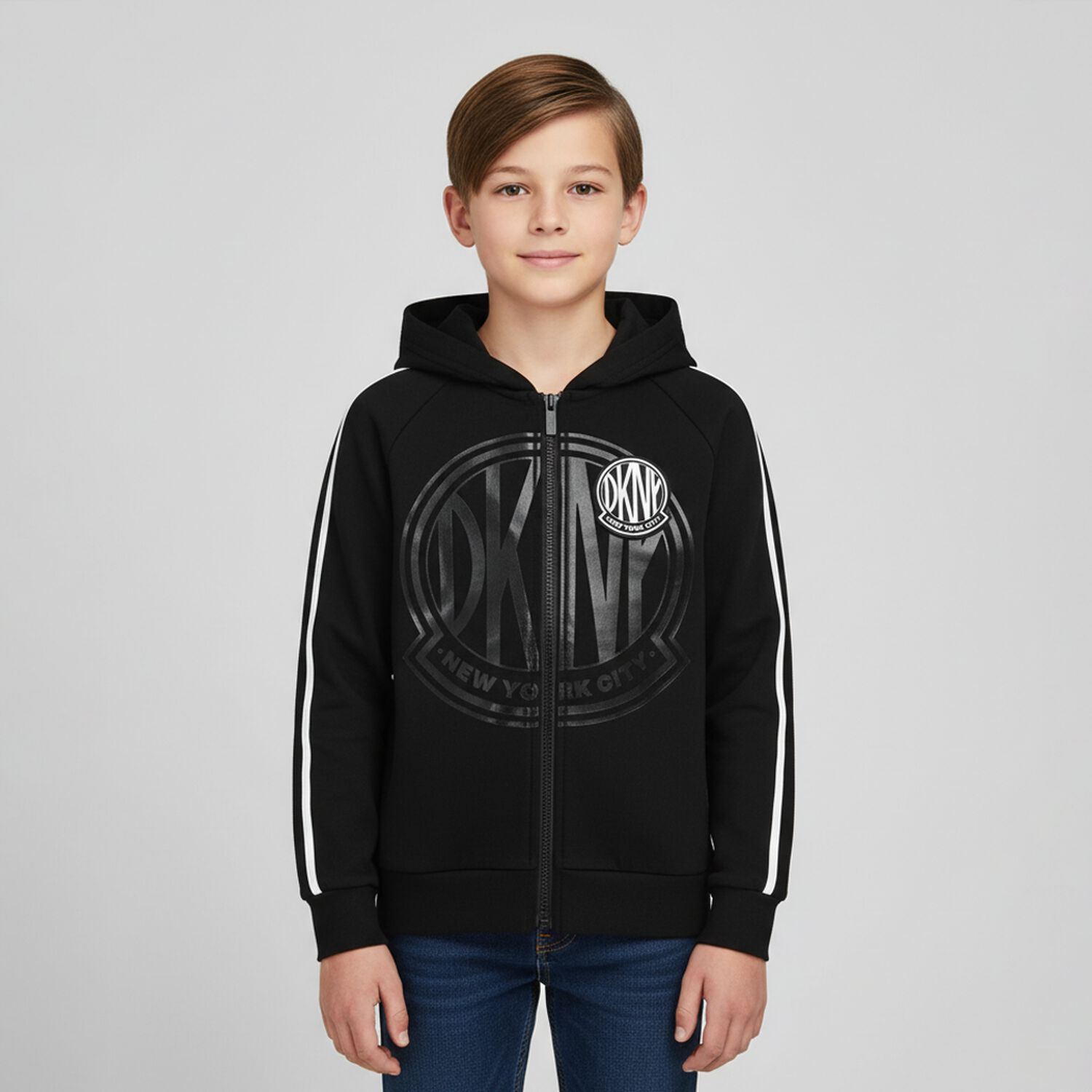 Black Logo Hooded Zip Up Top, 1, hi-res image number null
