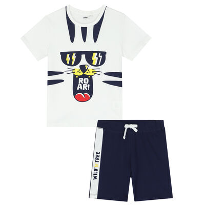Boys White & Navy Tiger Shorts Set