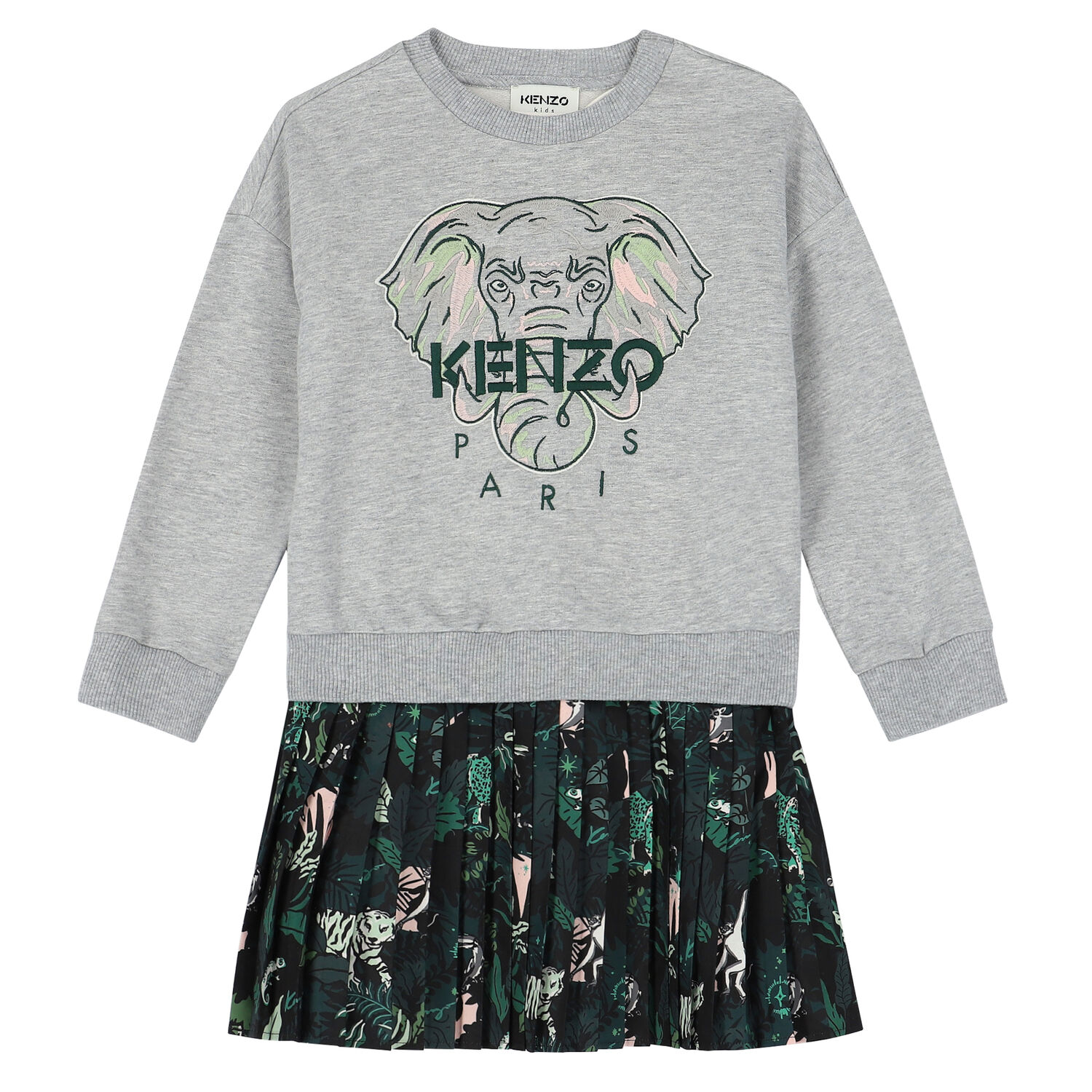 Girls Grey Sweatshirt & Green Dress Set, 1, hi-res
