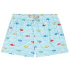 Boys Blue Sharks Print Swim Shorts, 1, hi-res