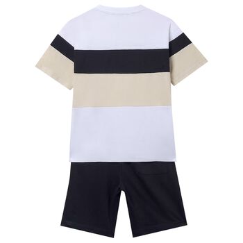 Boys White, Black & Beige Striped Shorts Set