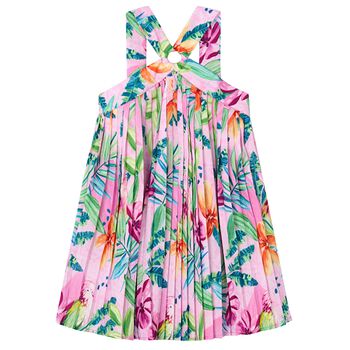 Girls Pink Tropical Pleated Crêpe Dress