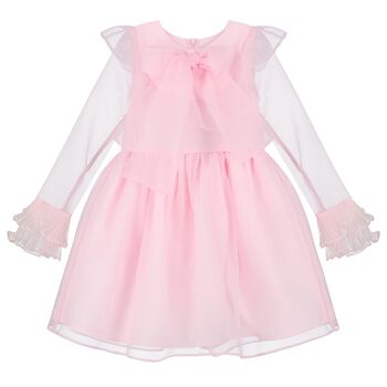 Girls Pink Organza Bow & Ruffle Dress