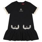 Girls Black & Ivory Logo Dress, 2, hi-res