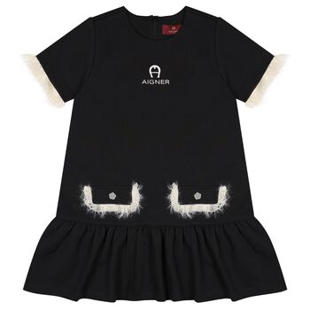 Girls Black & Ivory Logo Dress