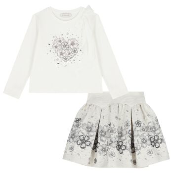 Girls White & Ivory Embellished Floral Skirt Set